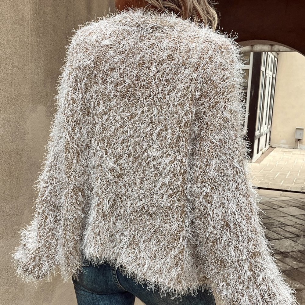Khaki Casual Womens Fluffy Knit Open Front Cardigan - Picture 2 of 5